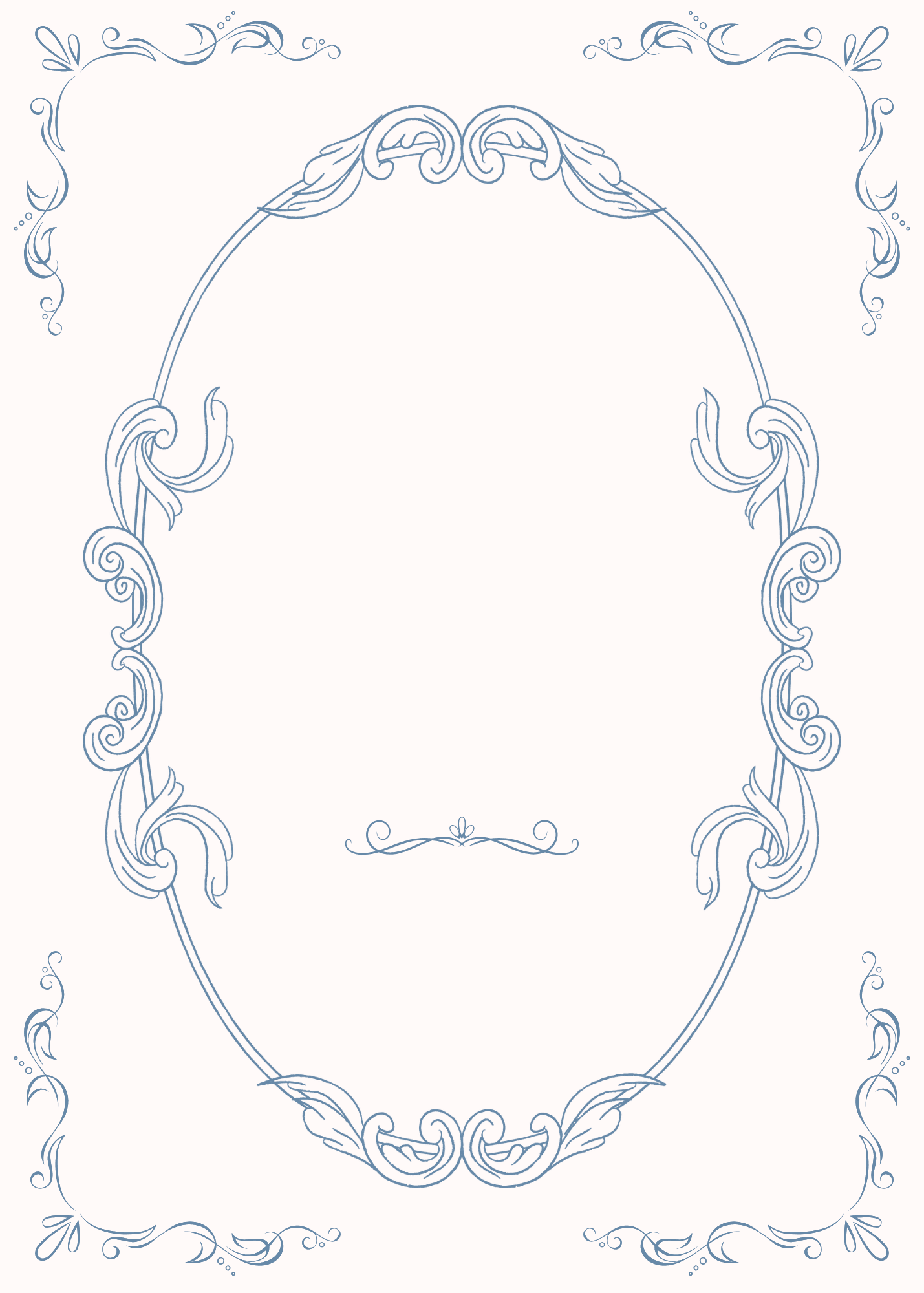 Blank 5 by 7 letter paper with a delicate powder blue ornate frame.