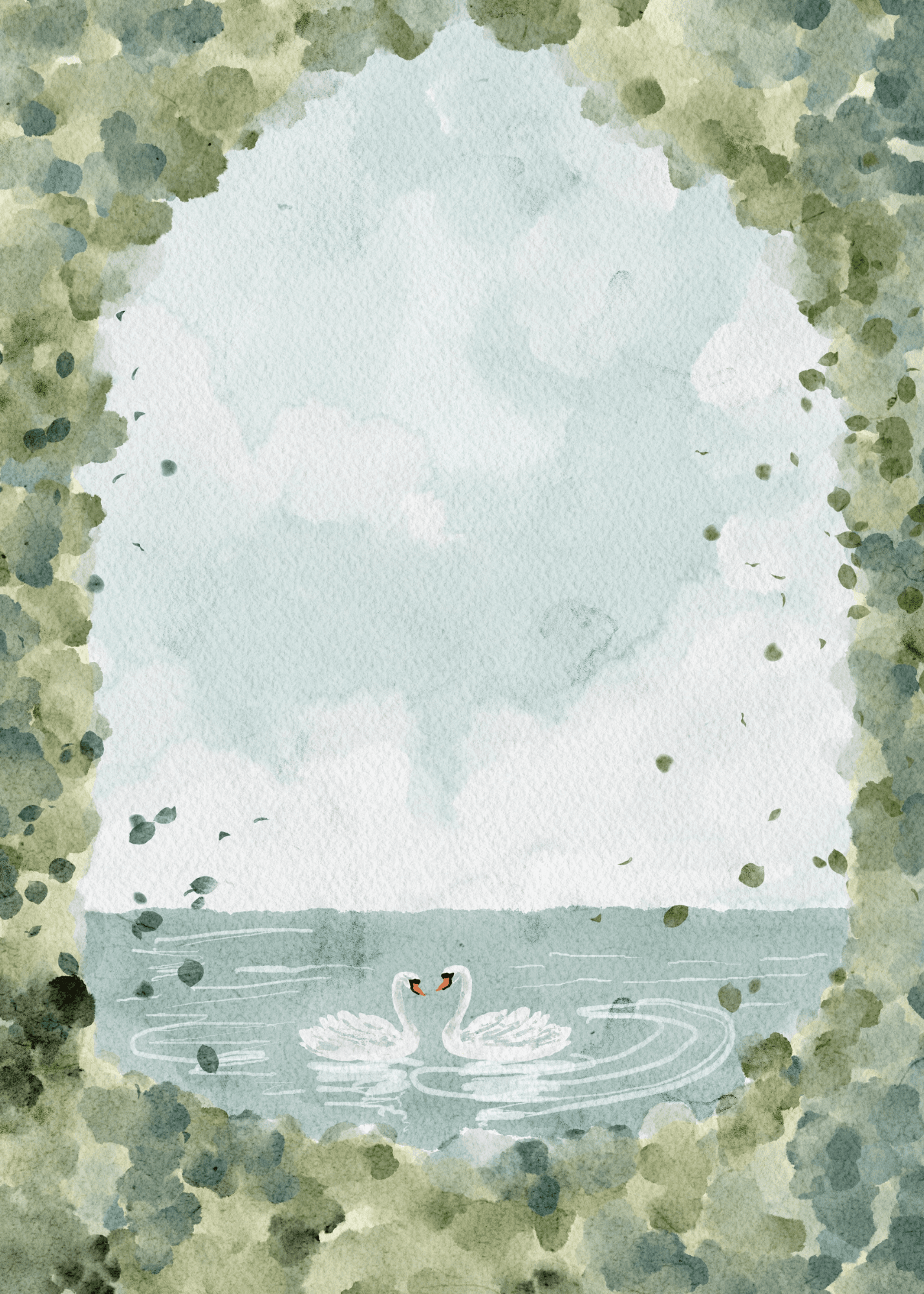 Blank 5 by 7 letter paper with a watercolor lakeside scene.